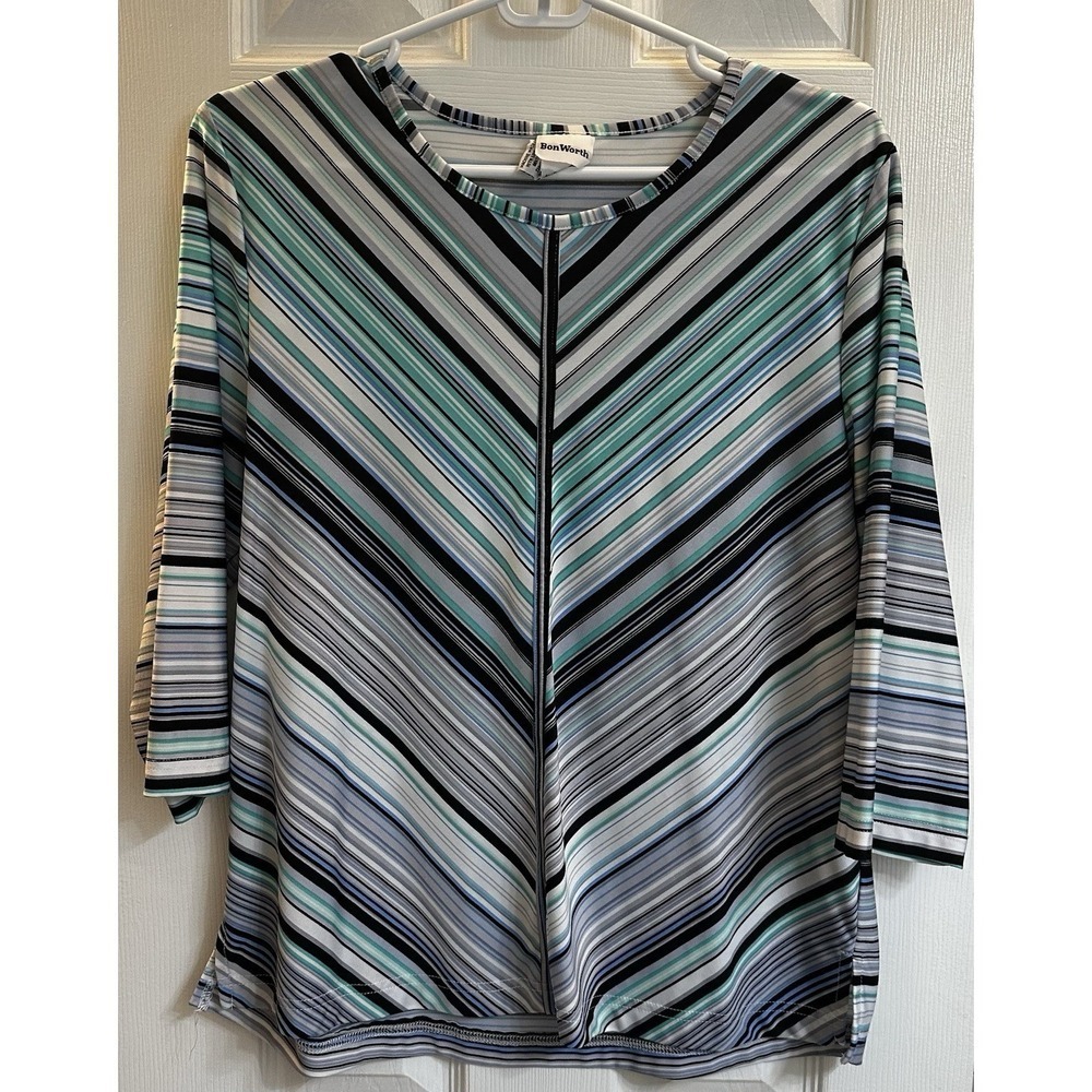 Women's BonWorth Stripped Blouse Medium Petite 3/4 Sleeve
